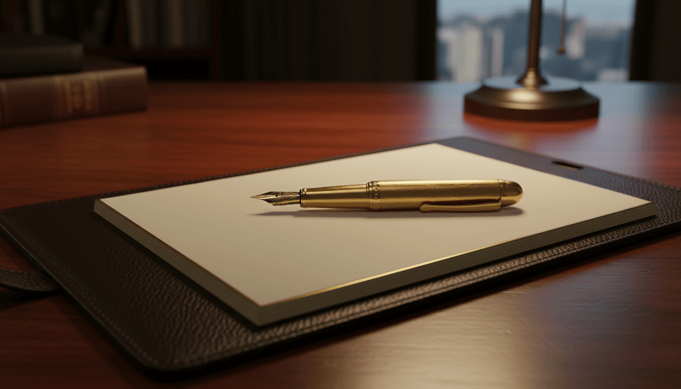 Premium leather portfolio with pen on blank notepad