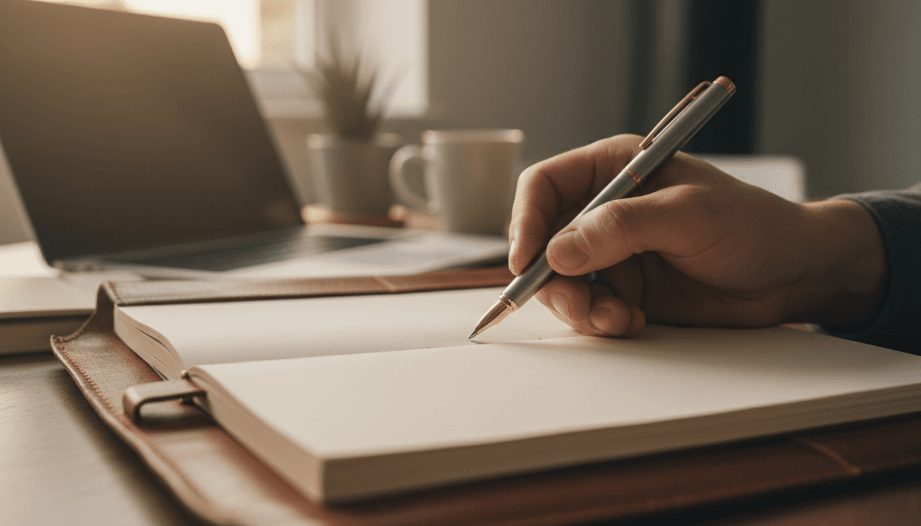 Professional's hand with pen over leather portfolio