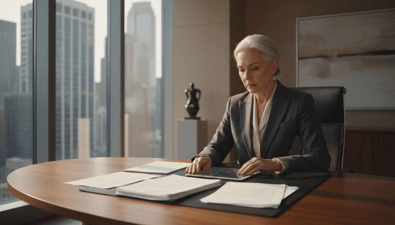 Senior executive reviewing candidate materials at Manhattan office desk