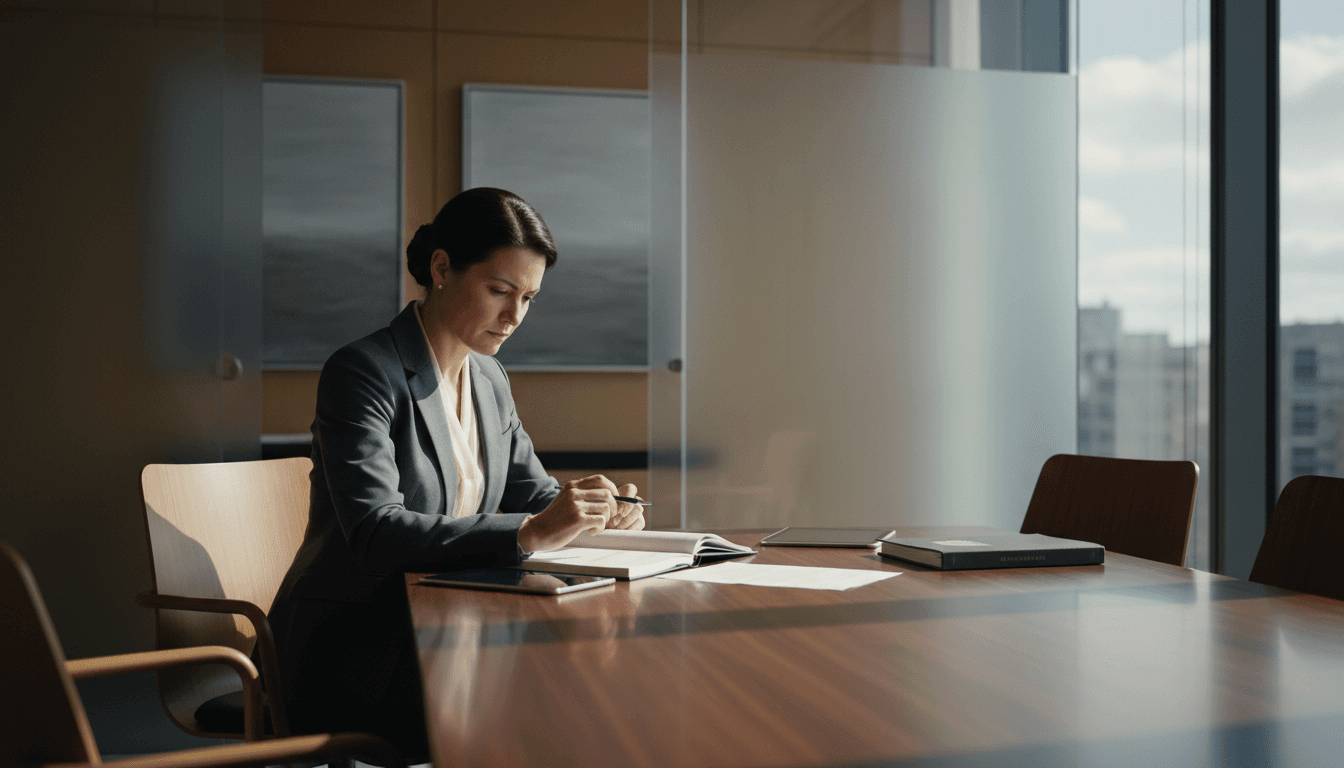 Executive reviewing placement materials in private conference room