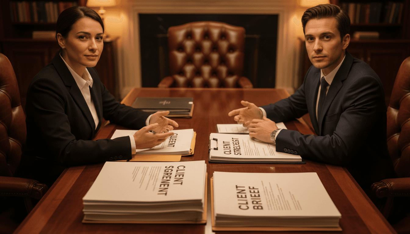 Two professionals in discrete confidential consultation meeting